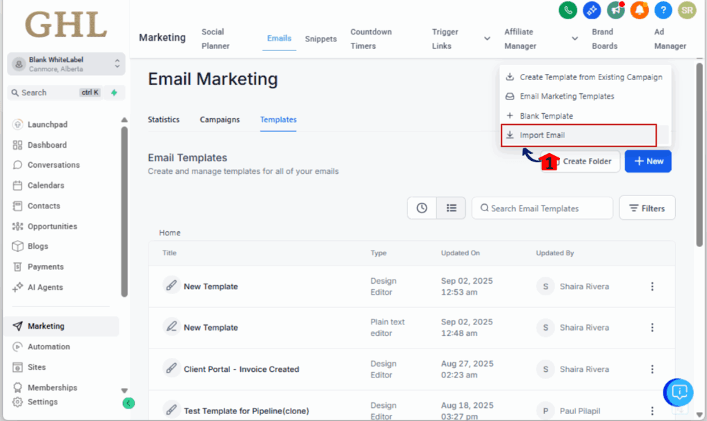 GoHighLevel Mailchimp template import
 - Start a New Import