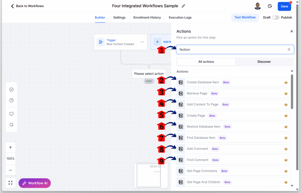 GHL workflow automation tools - Add Notion Actions
