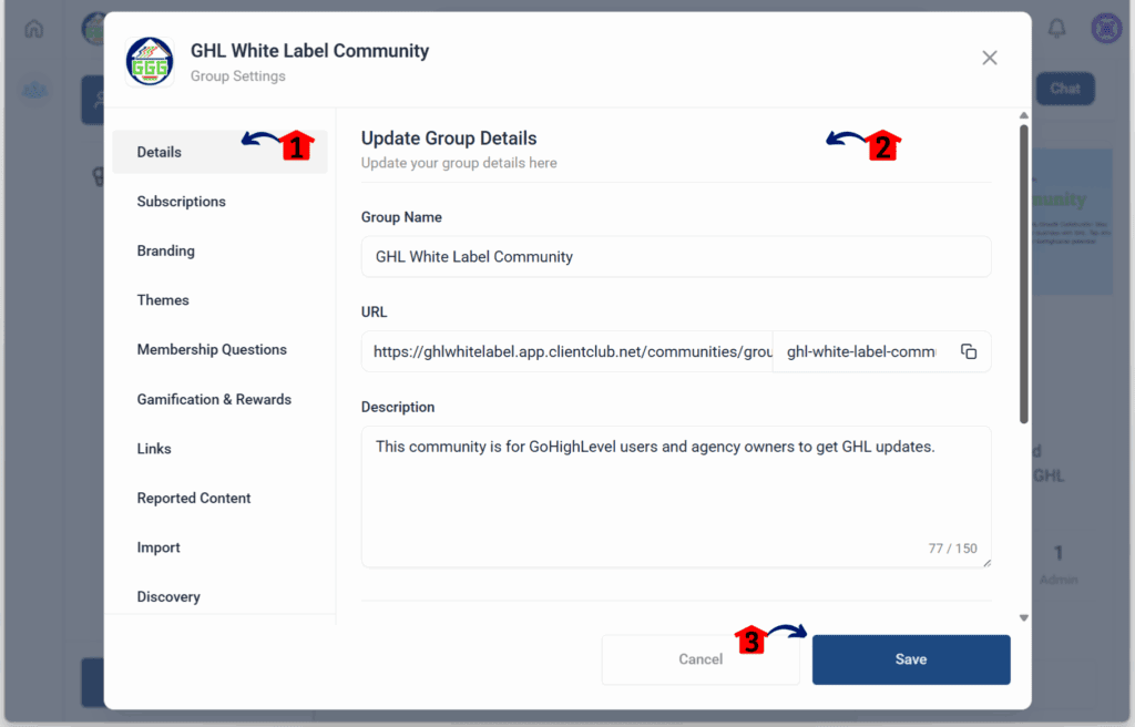 GHL Online Community Management – Update Community Details