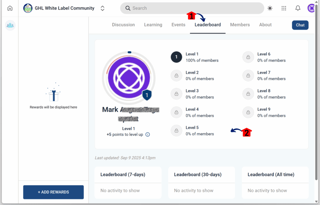 GoHighLevel Online Community Management – Track Leadership Board