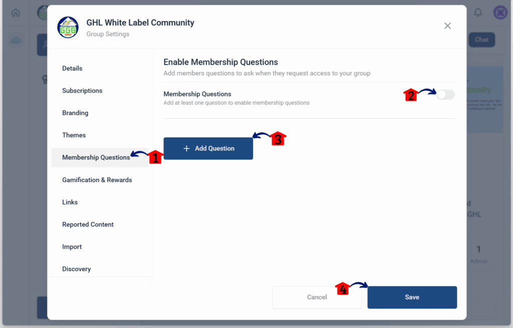GoHighLevel Online Community Management – Add Membership Questions