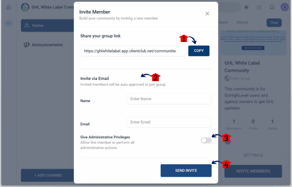 GoHighLevel Online Community Management – Send Invitations