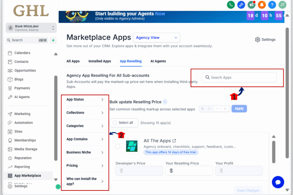 GHL resell saas apps - search