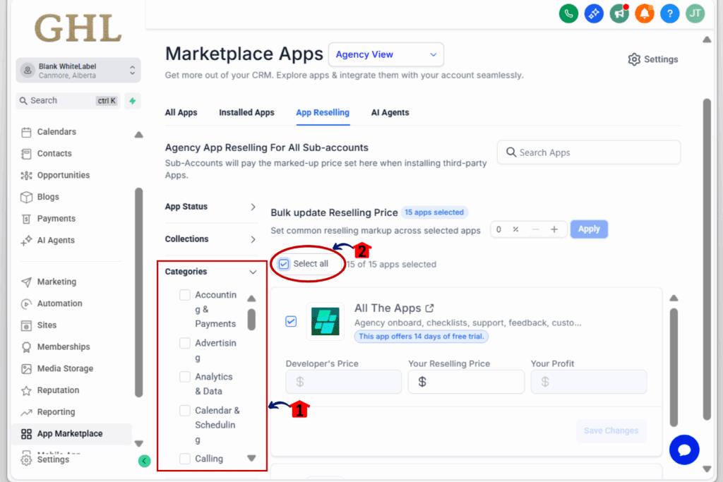 GoHighLevel resell saas apps - select