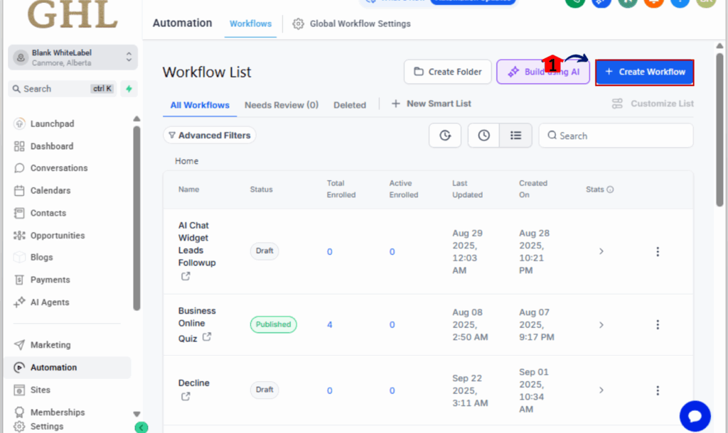 GHL workflow task automation
 - Create or Open a Workflow