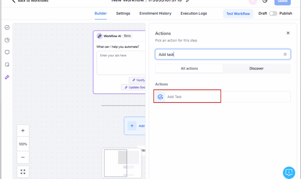 GoHighLevel workflow task automation
 - Add the “Add Task” Action