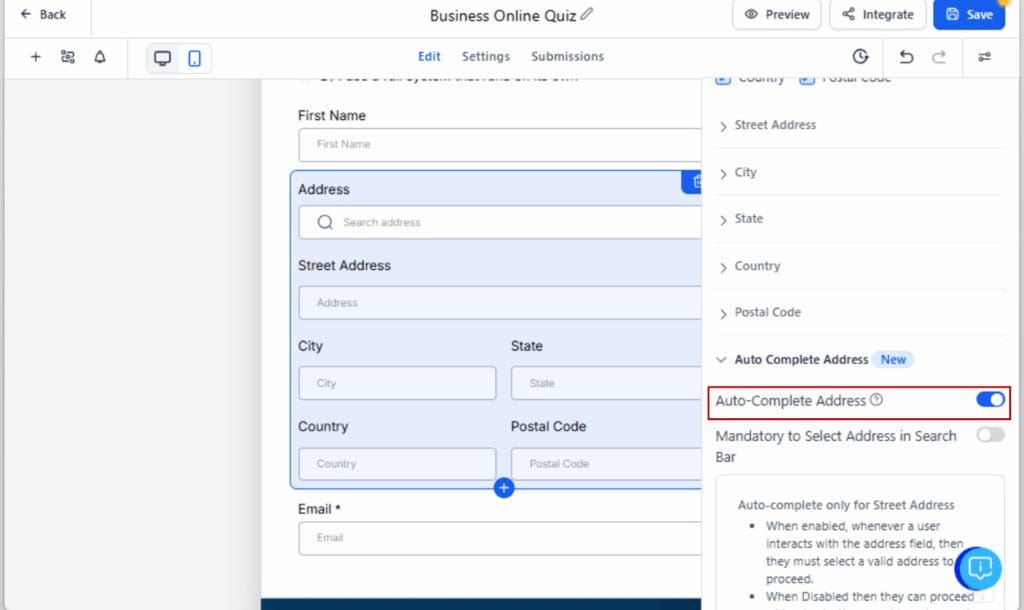 GHL address auto-complete
 - Enable Auto-Complete Toggle
