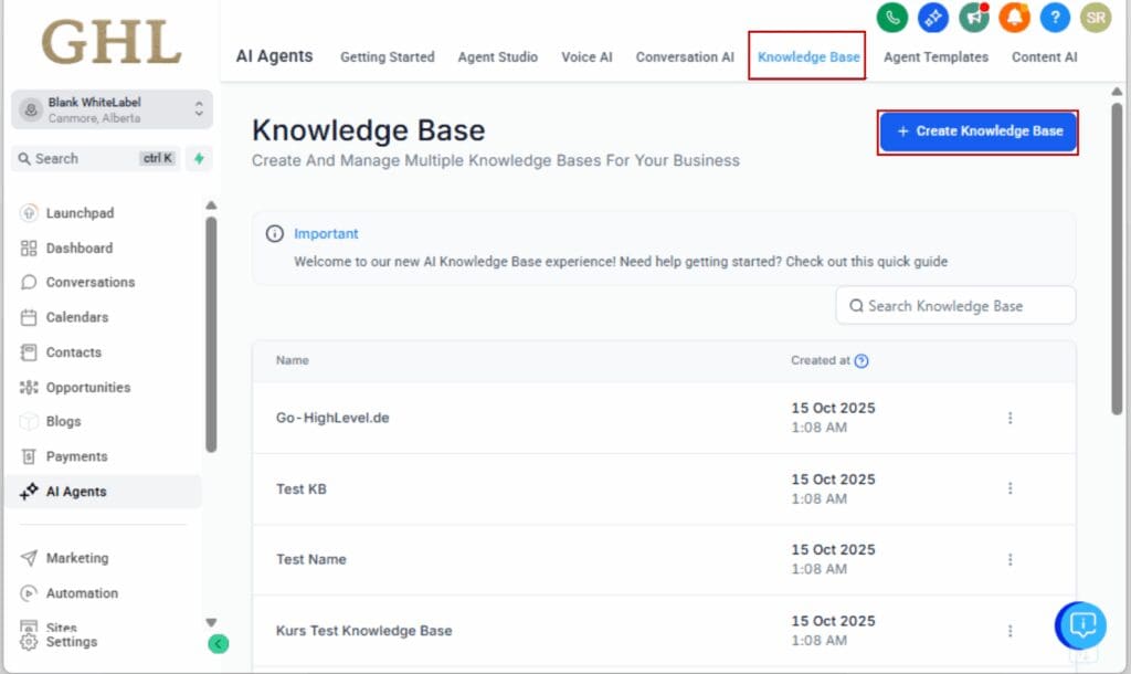 GHL AI knowledge base
 - Create a Knowledge Base