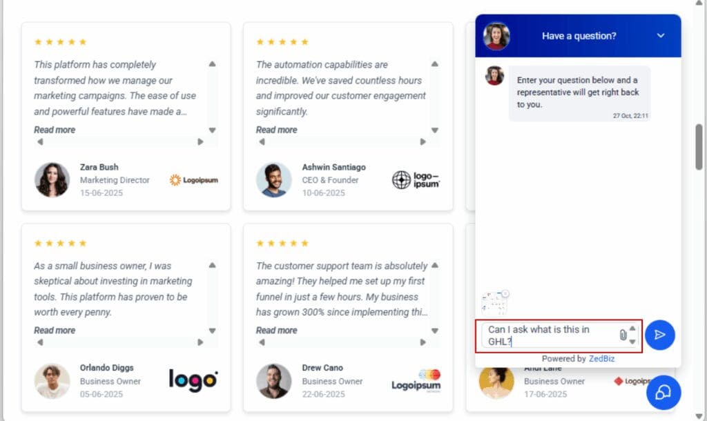 GoHighLevel Live Chat Attachments
 - Type a Message (Required)