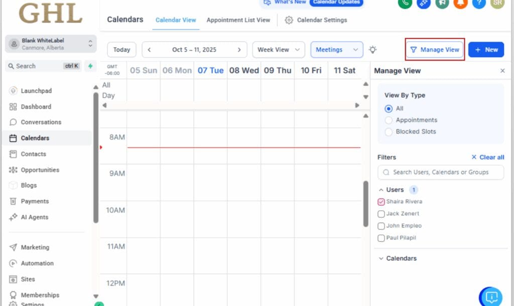 GHL calendar scheduling view
 - Access the Calendar Inside a Location