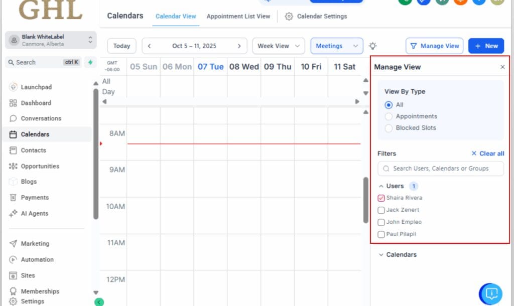 GoHighLevel calendar scheduling view
 - Use the View-Specific Filter Panel