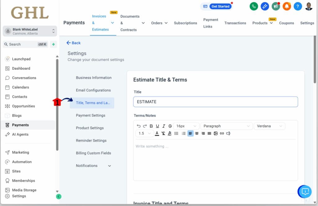 GHL Custom Invoice Templates – Access the Titles, Terms, and Layout Settings