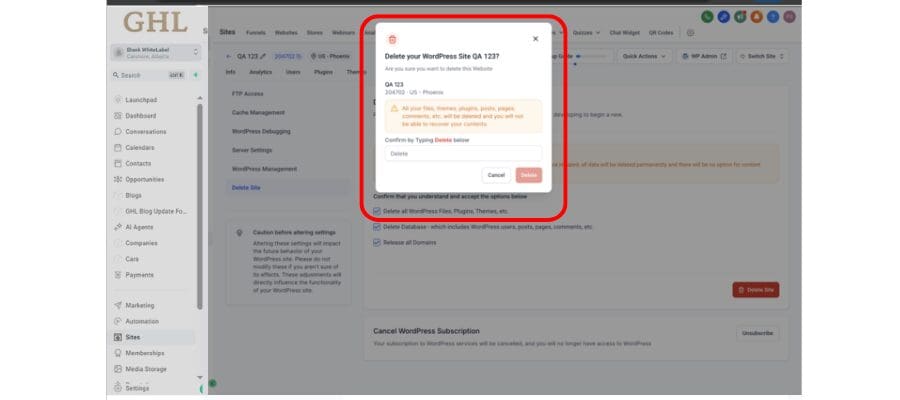 ghl wordpress domain deletion modal