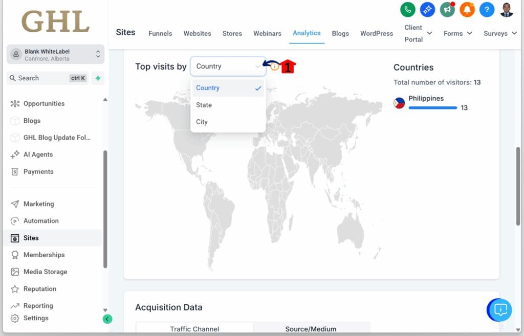 GHL Geographic Analytics - View Top Visits by Country, State, or City