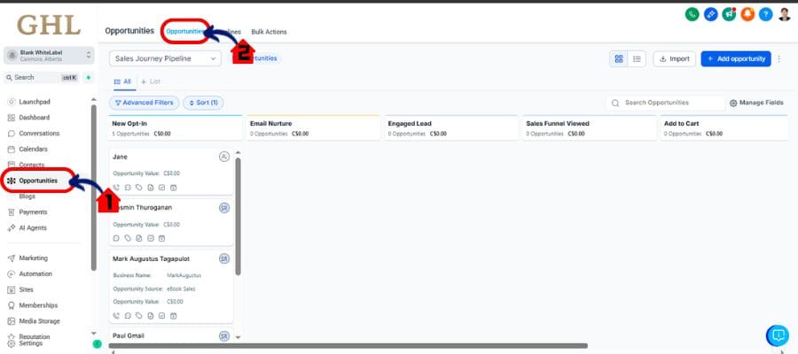ghl opportunities section