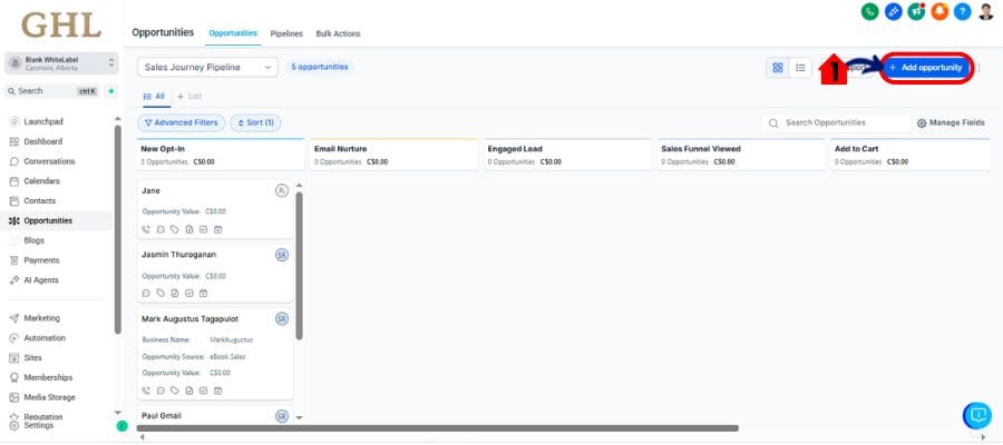 ghl adding opportunity