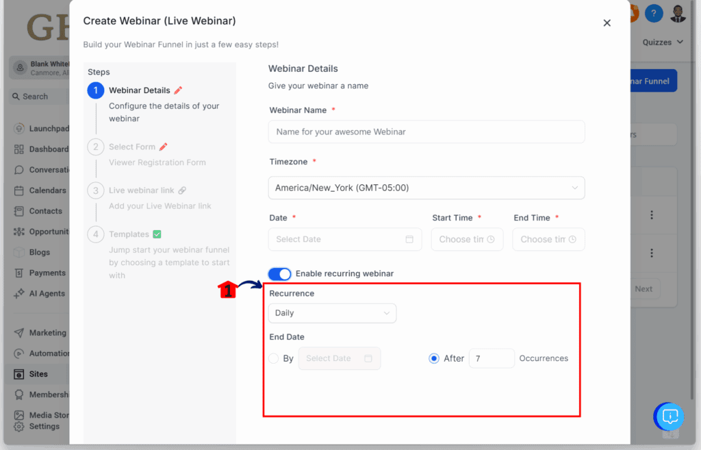 Recurring Webinar – Set Up Recurrence Details in GoHighLevel