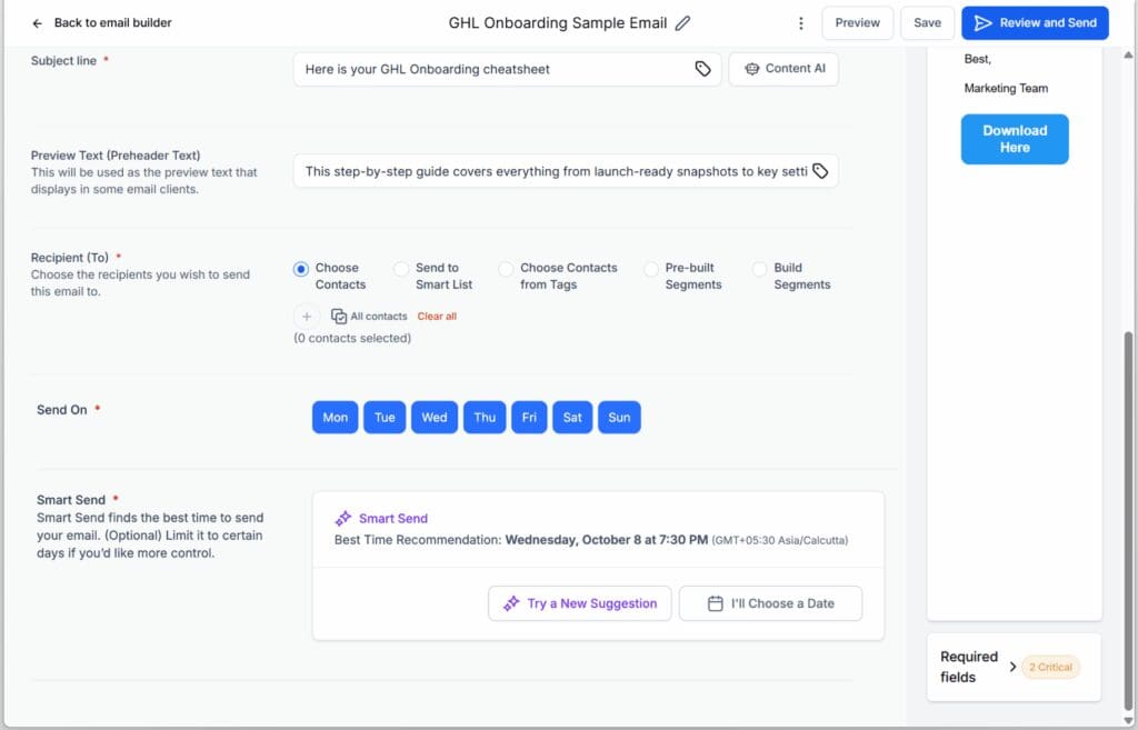 GHL Email Timing Optimization - Review and Send Your Email