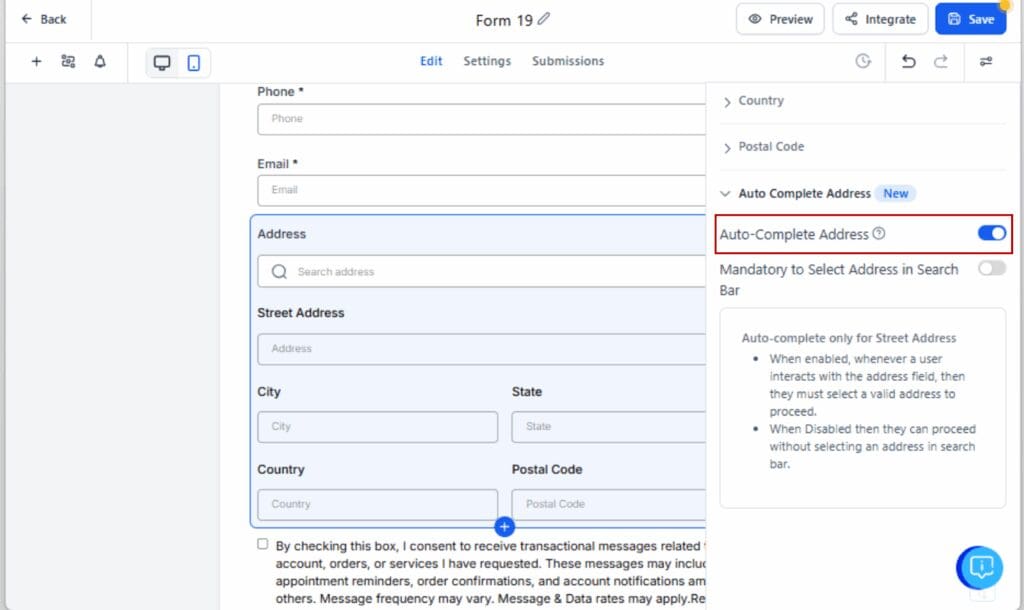 GHL address auto complete
 - Enable Auto-Complete Toggle