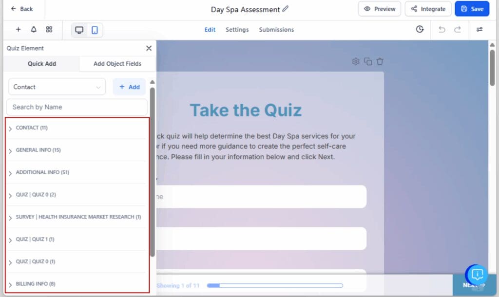 quiz builder updates
 - View the Section Panel