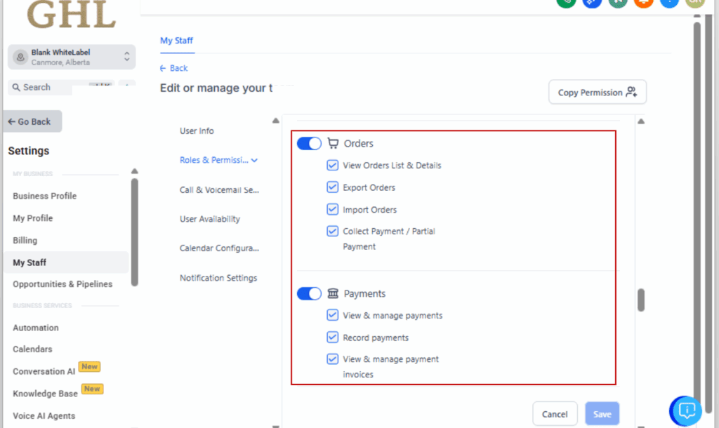 GHL payment permissions
 - Locate the Payment Modules Section