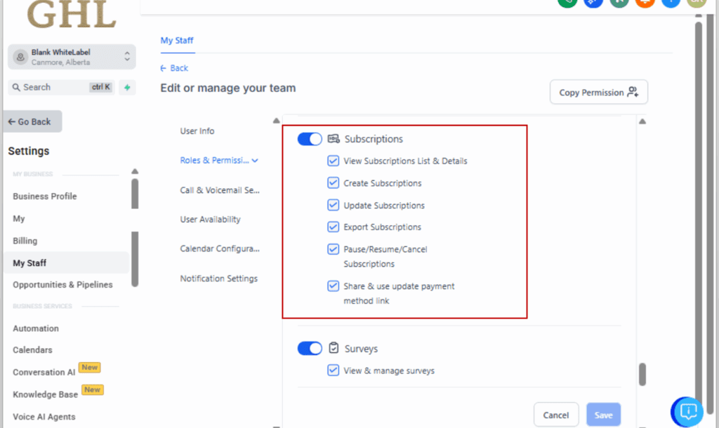 GoHighLevel payment permissions
 - Toggle Permissions for Each Module