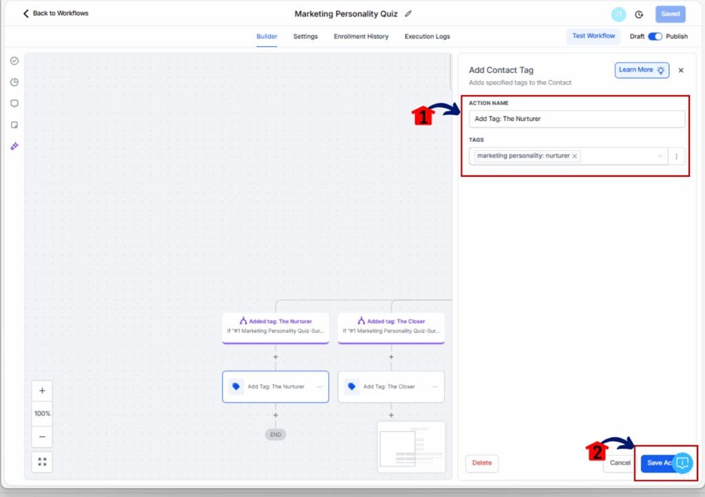 marketing personality quiz automation - Add tags