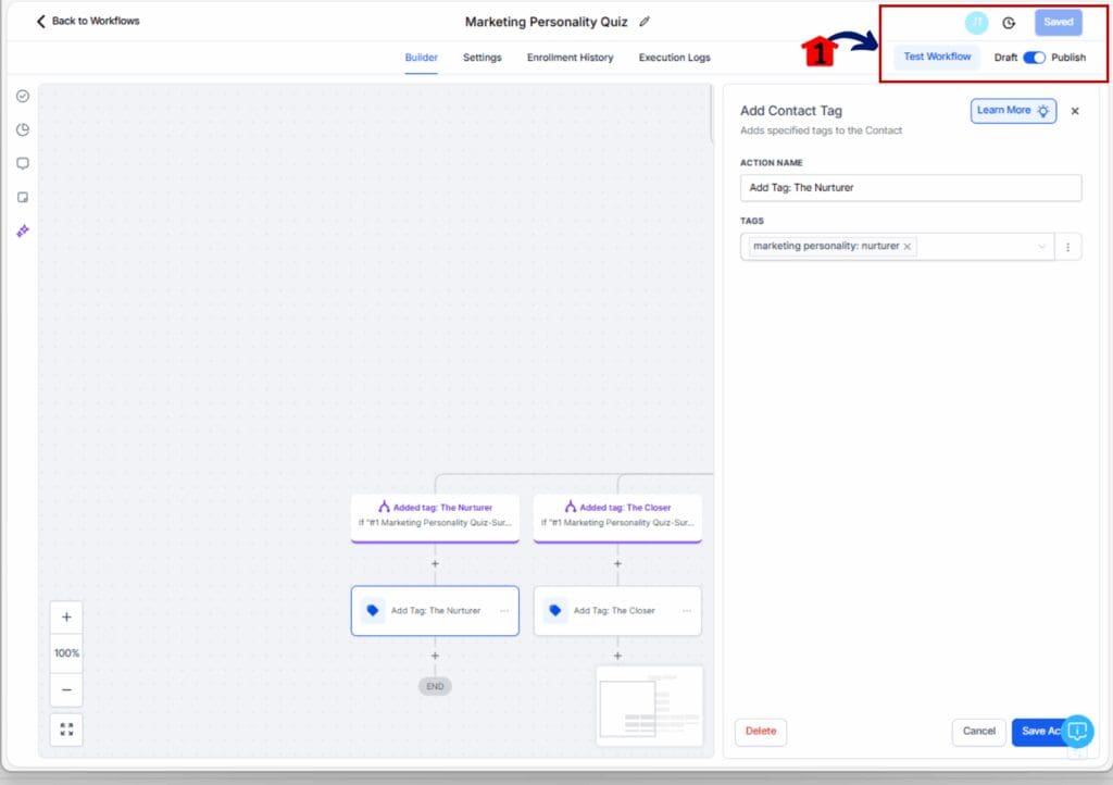 marketing personality quiz automation - publish workflow