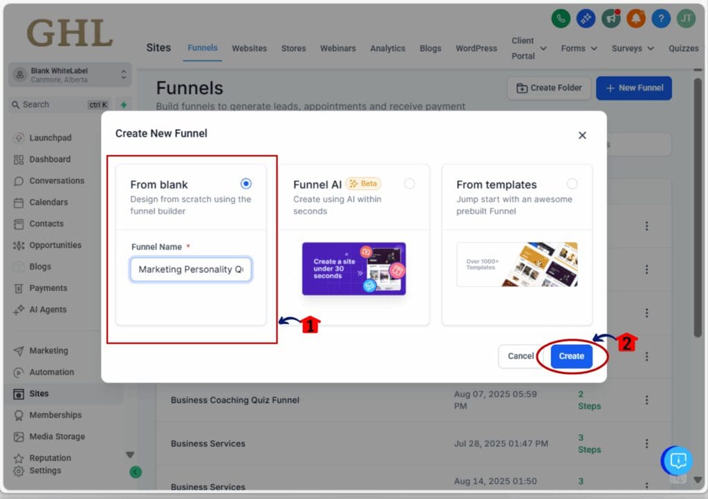 quiz funnel - create