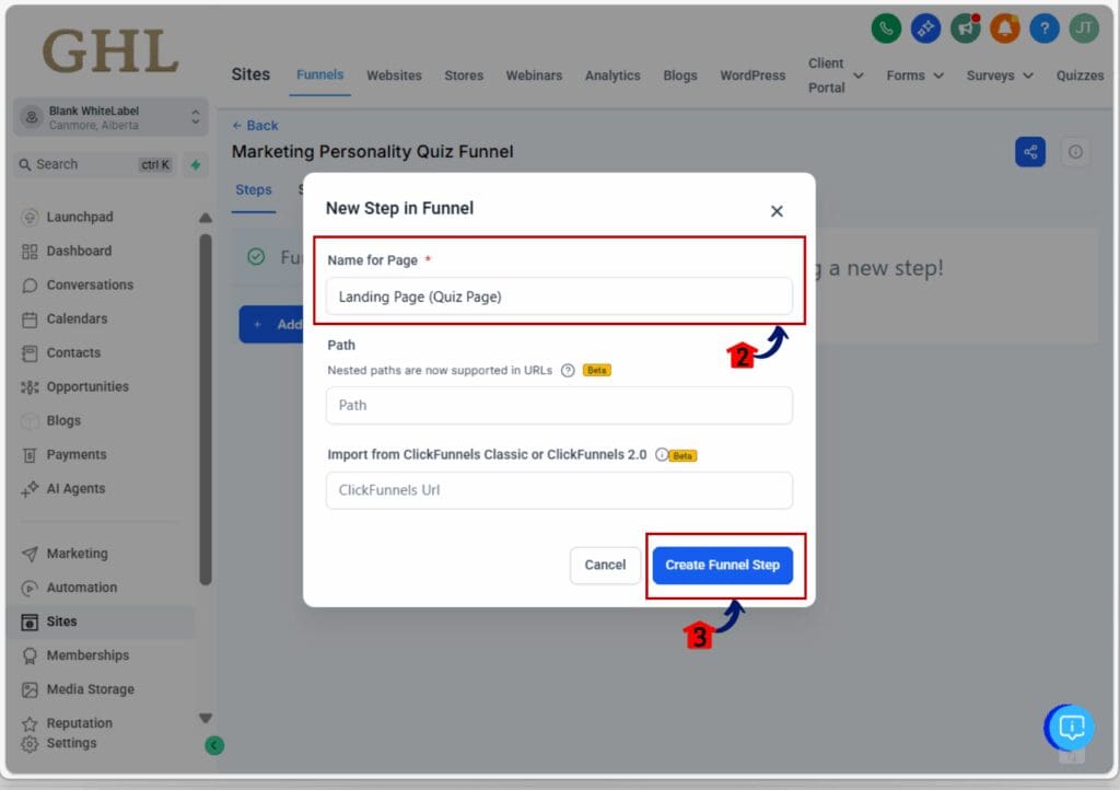 funnel - create landing page
