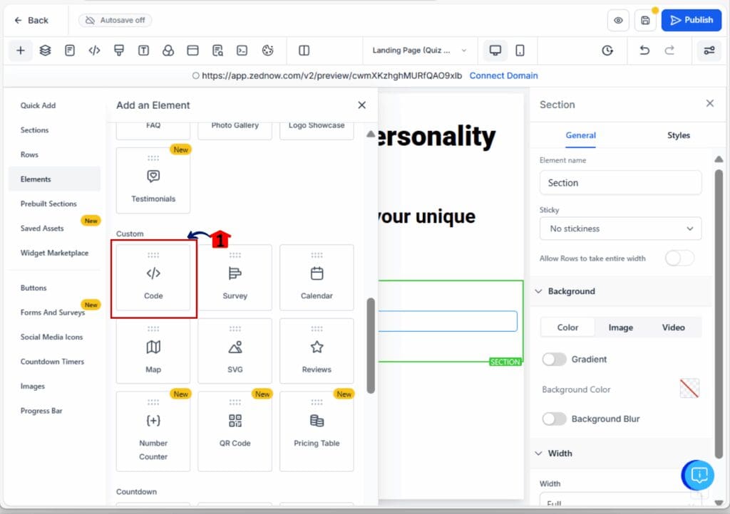landing page - insert quiz survey