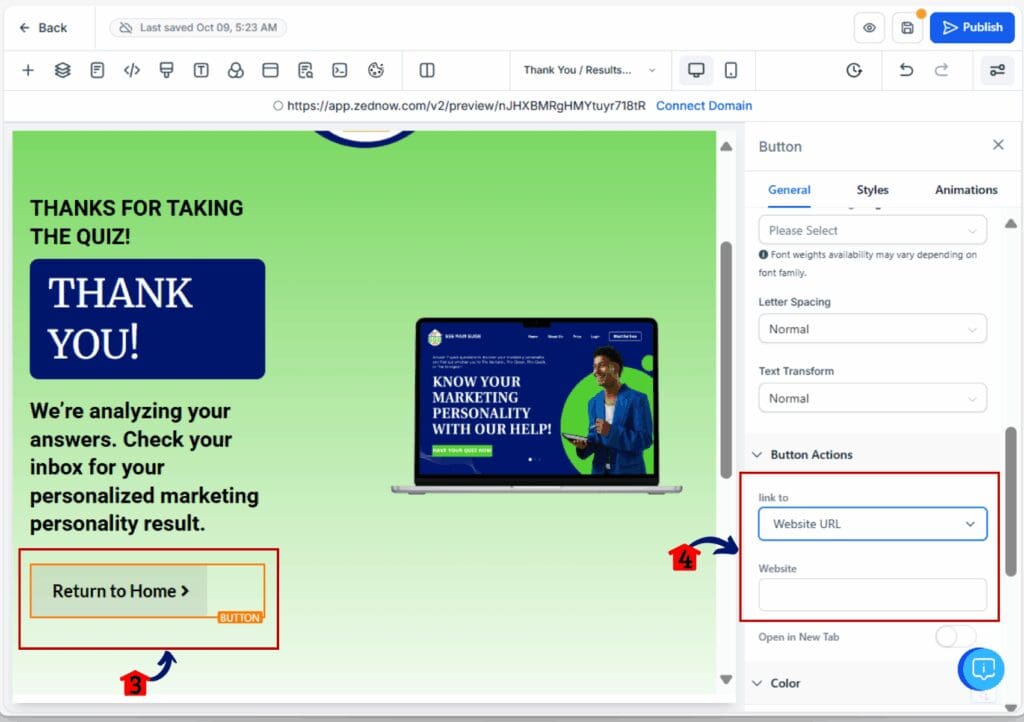 marketing personality quiz - add website url