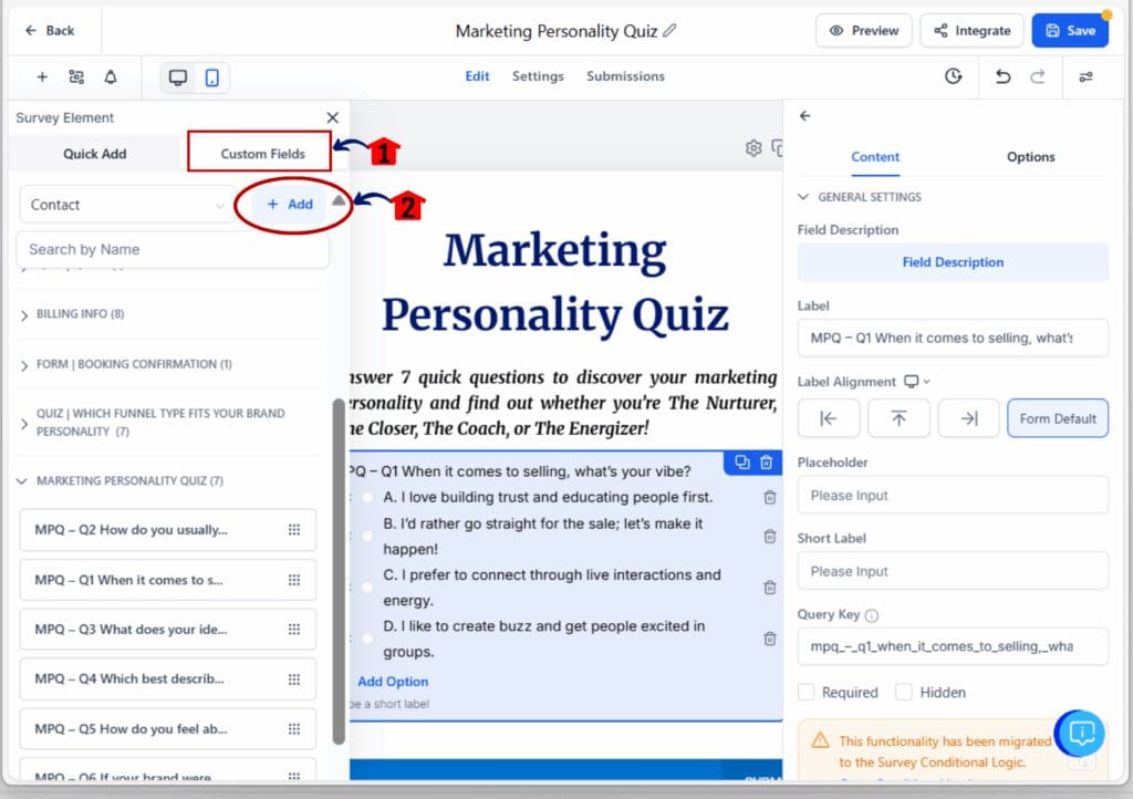 quiz - custom fields