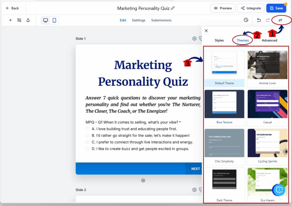 marketing personality quiz - theme