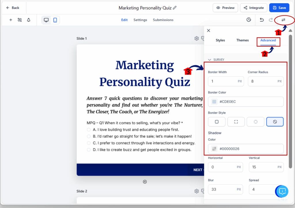 marketing personality quiz -advance settings