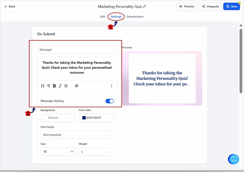 marketing personality quiz - on submit setting