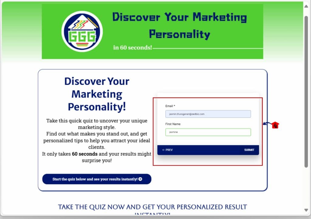 marketing personality quiz - test submit