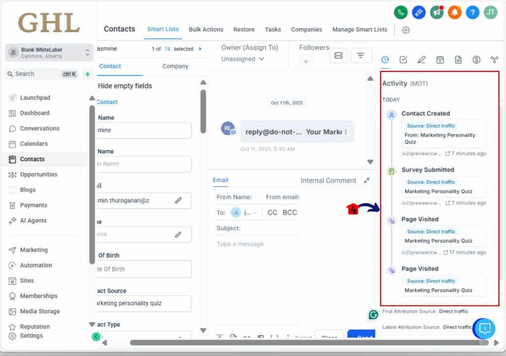 marketing personality quiz - activity timeline