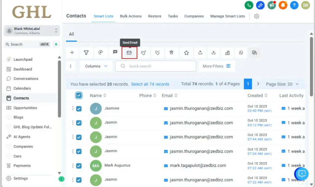 GHL bulk email sending
 - Start a Bulk Email Action
