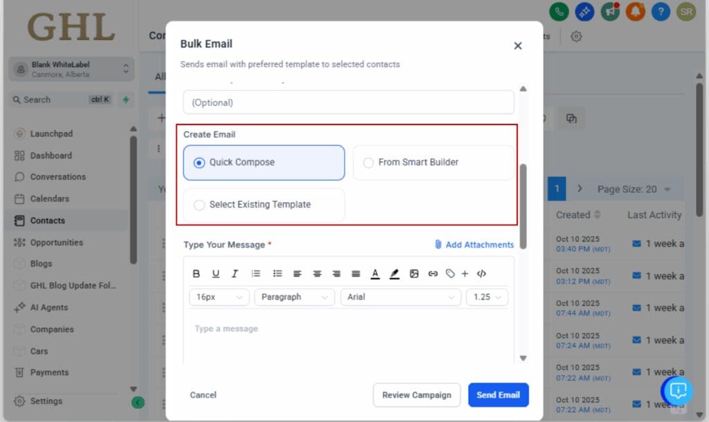 GoHighLevel bulk email sending
 - Choose Your Email Creation Method