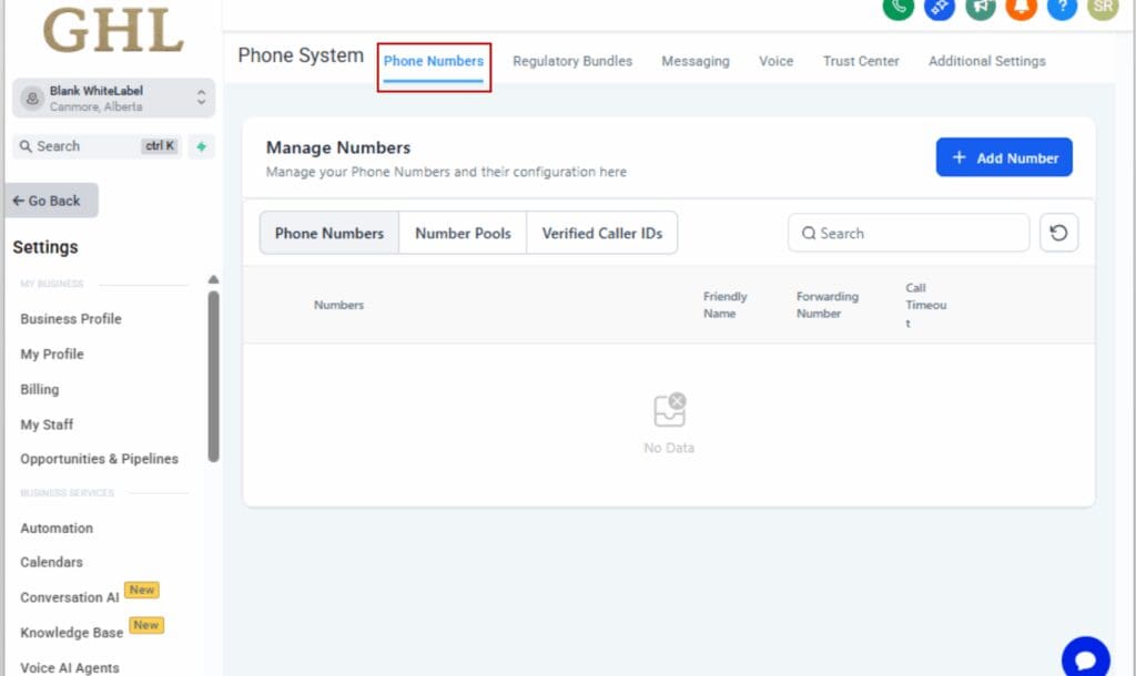 GHL Phone System Settings
 - Manage Phone Numbers