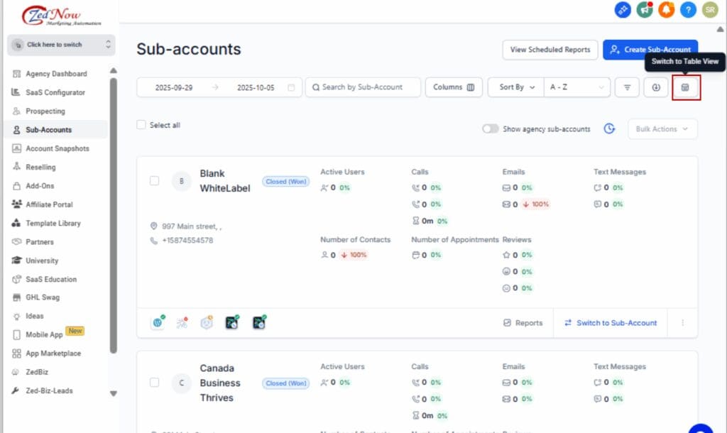 account management tools
 - Switch to Table View