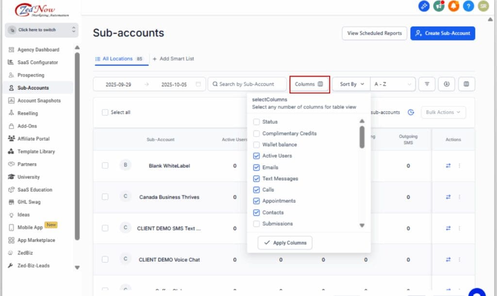 GHL account management tools
 - Customize Your Columns