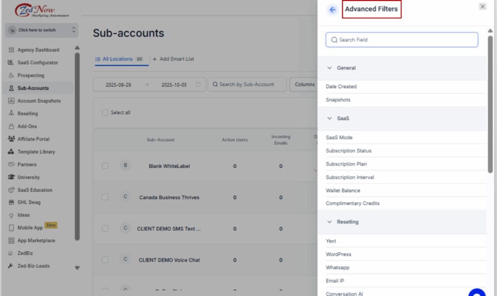 GoHighLevel account management tools
 - Filter, Search, and Sort