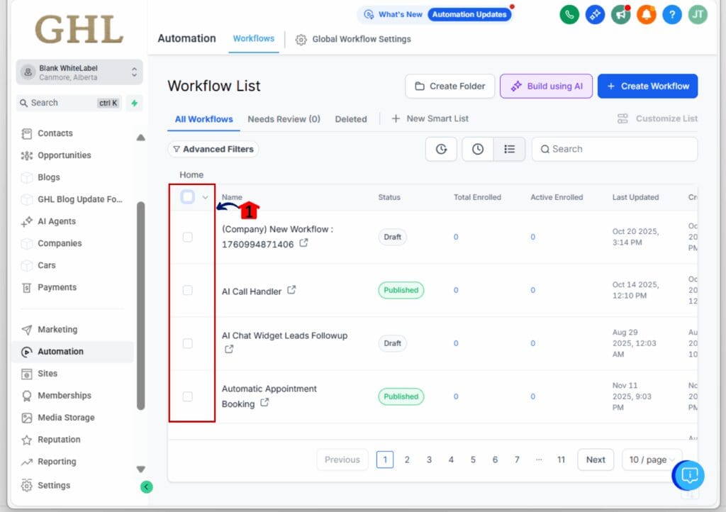 bulk workflow actions - checkbox
