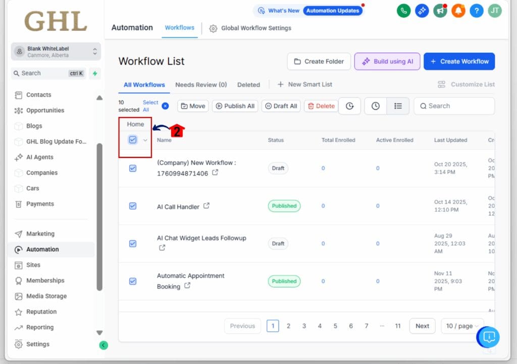 bulk workflow actions - select all