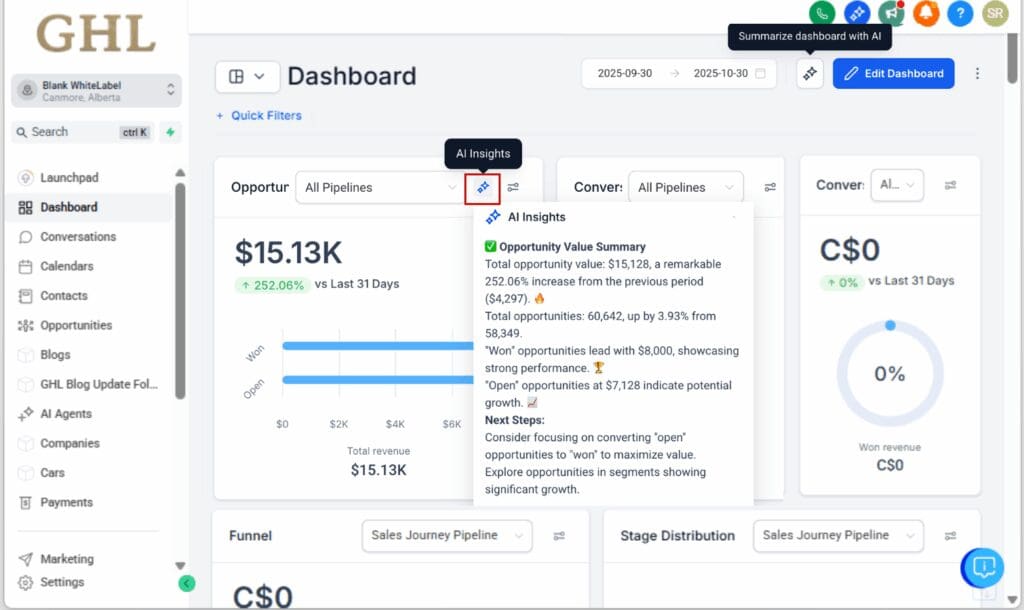 GoHighLevel AI dashboard insights
 - Use Widget-Level AI Summaries