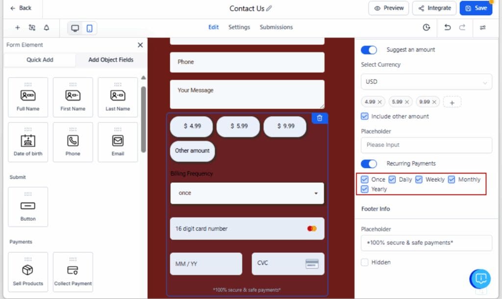 GoHighLevel recurring donation form
 - Select Donation Frequency Options