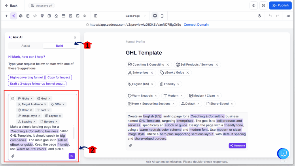 GHL AI Funnel Builder - Use Build Tab to Generate Funnel Step