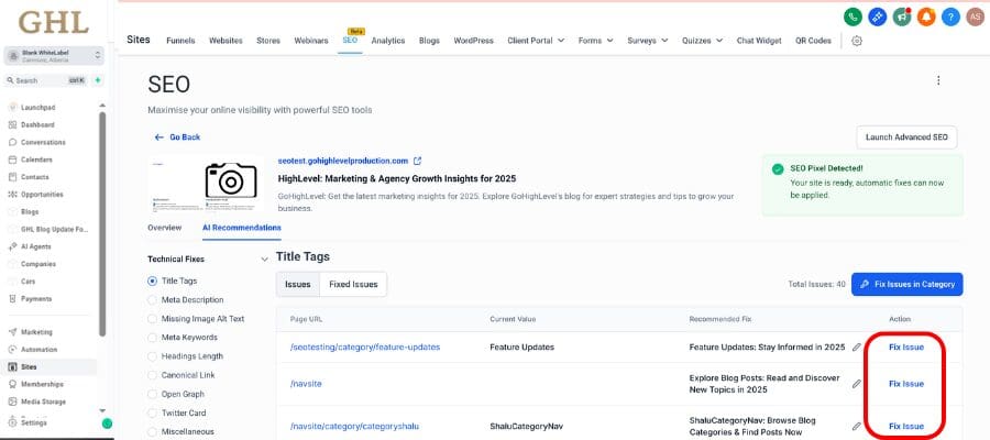 ghl seo fixing issue